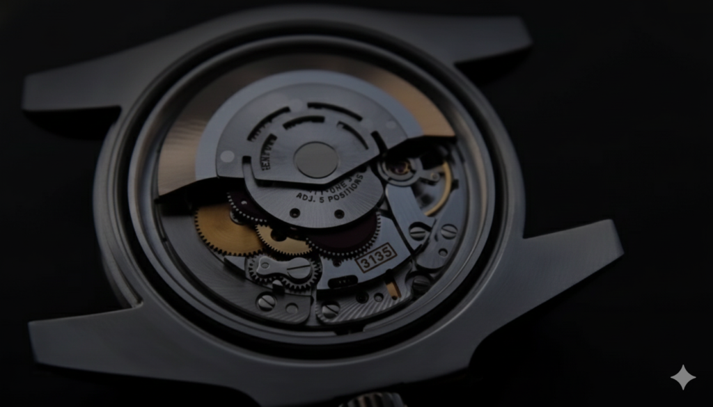 Detailed macro view of a Swiss automatic 3135 mechanical watch movement showing the gears and balance wheel.