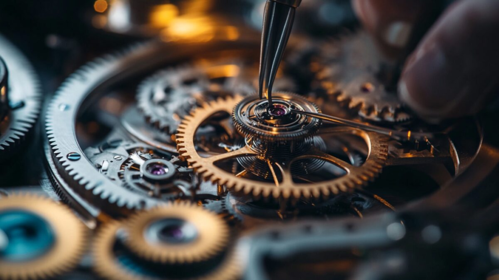 A macro close-up of the internal gold and silver gears of a mechanical watch being adjusted by a watchmaker using precision tweezers.