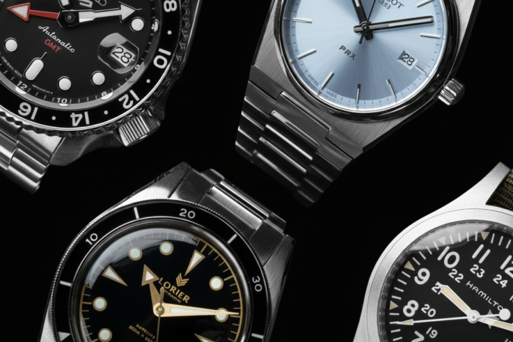 Close-up of modern stainless steel sports watches including a light blue Tissot PRX and a Lorier automatic diver.