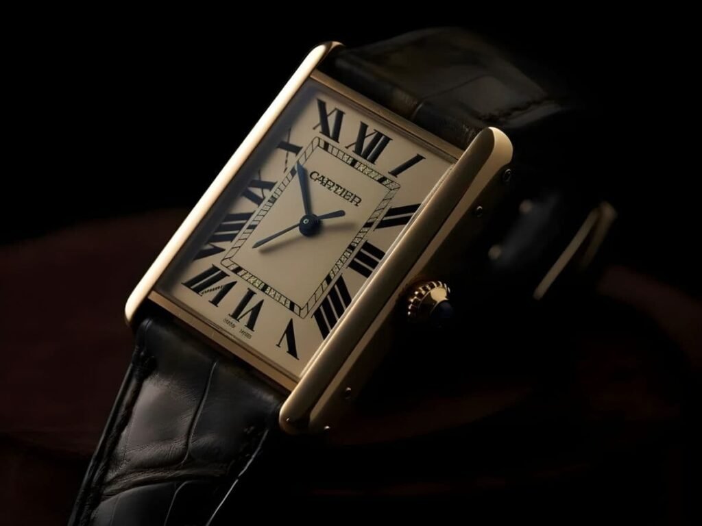Cartier Tank Solo luxury watch with rectangular stainless steel case and black leather strap.