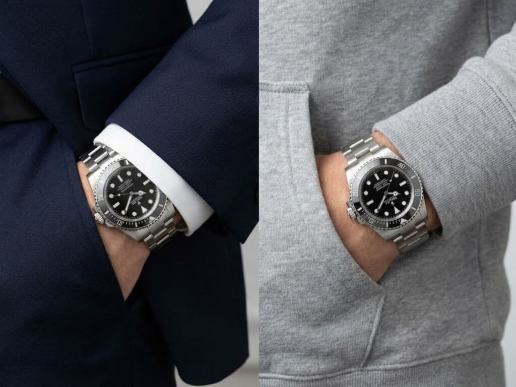 A side-by-side comparison showing a single silver watch worn with a formal suit and a casual hoodie.